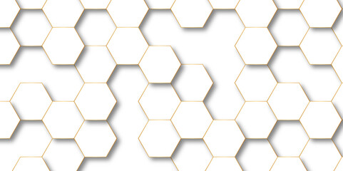 Fototapeta premium Abstract hexagon background Futuristic concept honeycomb mosaic white and golden stoke background. Surface polygon pattern with glowing hexagon paper texture and futuristic business graphic design. 