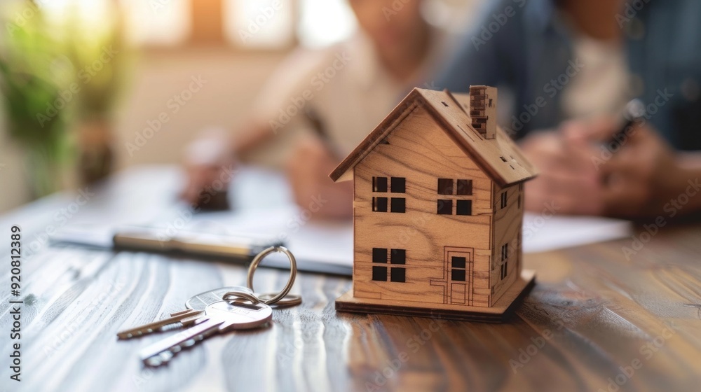 Poster a wooden house model sits on a table with a key and a pen