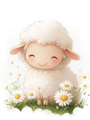 Fototapeta premium A cute cartoon sheep with a fluffy white coat smiles happily as it stands in a field of daisies.