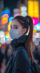Obraz premium A young woman with a ponytail, wearing a mask in a busy city street, the background softly blurred with vibrant evening lights, modern and contemplative