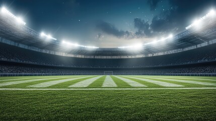 Fototapeta premium The empty soccer stadium features vibrant green grass illuminated by bright stadium lights during an evening setting.