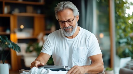 A bearded elderly man wearing glasses and a white shirt is happily ironing clothes in a modern, cozy living room with indoor plants and wooden shelves in the background.