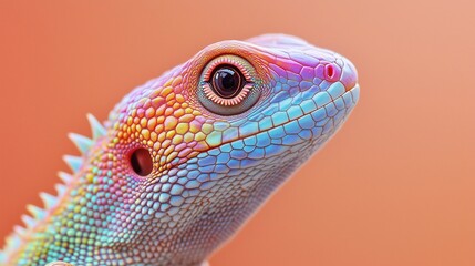 A mesmerizing close-up of a lizard, its scales a kaleidoscope of colors. Its large, intelligent eye seems to peer into your soul. light peach background and bathed in soft light.