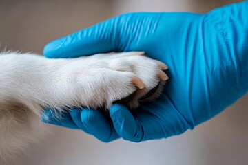 A compassionate veterinarian gently holds a pets paw, providing care and support, showcasing the trust and bond between them, highlighting their commitment to animal healthcare and wellbeing