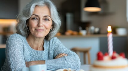 A graceful gray-haired woman in a cozy sweater is sitting at a table with a birthday cake nearby. She smiles subtly, embodying grace, wisdom, and celebration.