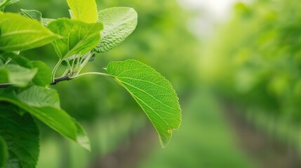 Closeup view of eco friendly pest control methods in a thriving fruit orchard with a deep depth of field showcasing the lush green foliage and details of the natural environment