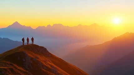Naklejka premium Hikers enjoying a sunrise over the mountains in the early morning