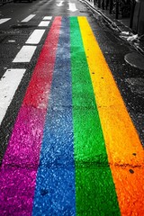 A black-and-white photograph of a street, with only a rainbow-colored crosswalk standing out. 