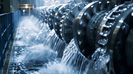 A detailed close-up of hydraulic turbines in a hydroelectric power plant, with water rushing through the blades, driving the massive machines that convert kinetic energy into electricity