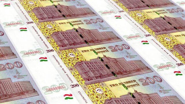 Tajikistan Tajikistani Somoni 200 Banknotes Money Printing House, Printing Two Hundred Tajikistani Somoni, Printing Press Machine Print out Tajikistani Somoni, Being printed by currency press machine