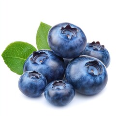 Obraz premium Close-up of five blueberries with green leaves isolated on white background.