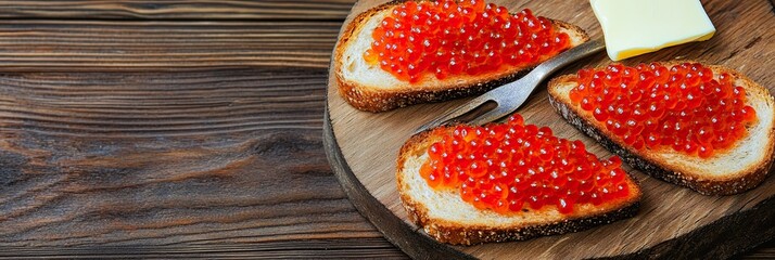 Red Caviar Spread on Buttered Toast Served on a Wooden Board