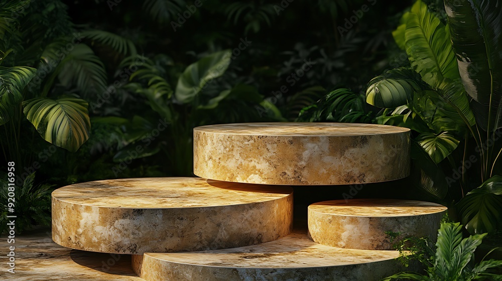 Aufkleber 3d rendering of tiered stone platforms with green foliage background