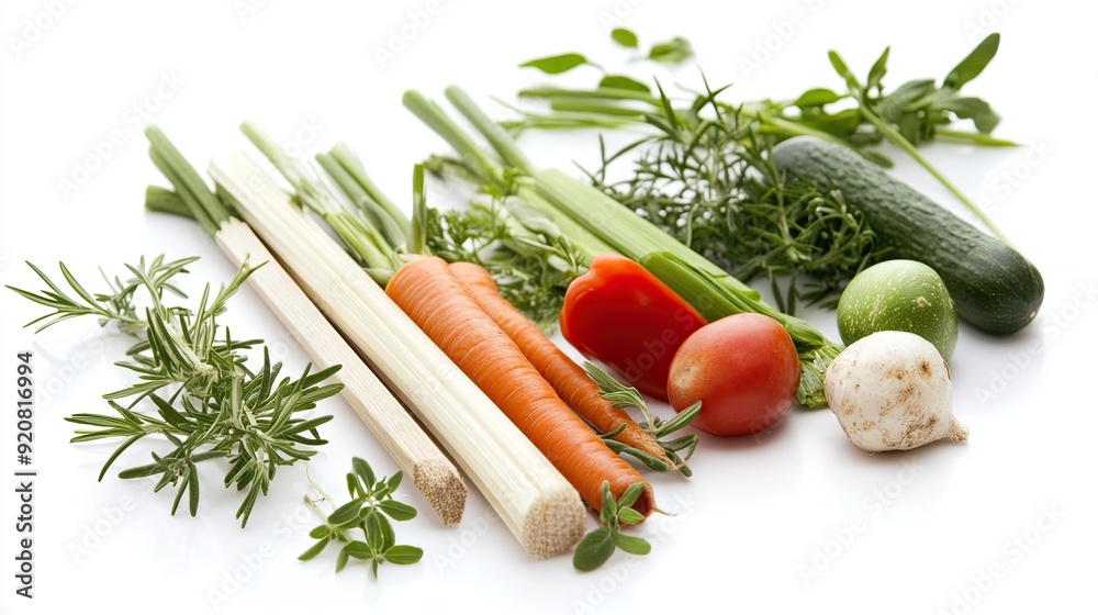 Poster fresh vegetables arranged on a white background with vibrant colors and textures