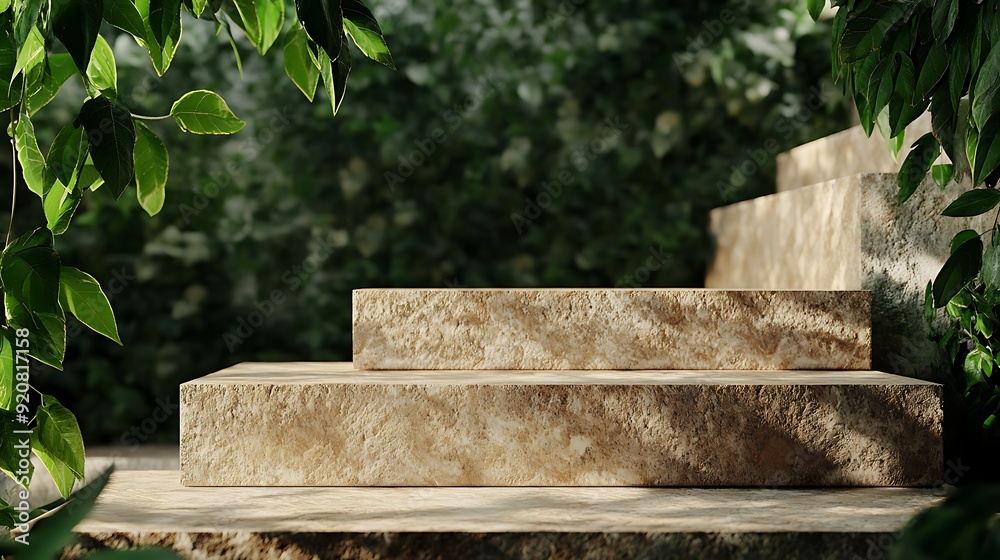 Aufkleber 3d rendering of tiered stone platforms with green foliage background