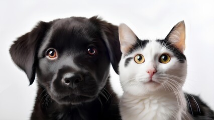 Domestic animals sitting and looking forward. Dog and cat looking at camera on white background. Pedigree animals, kitten with puppy.