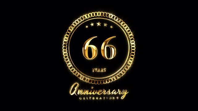 66th Anniversary Celebration. Happy 66 Years Anniversary Animation in Gold Color on the Transparent Background, Alpha Channel. Great for greetings, celebrations, events, and gifts.