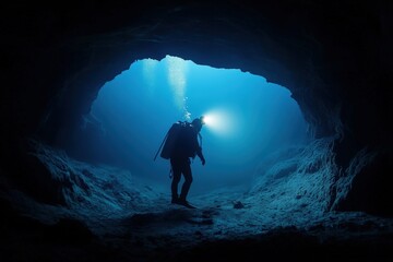 Obraz premium A deep-sea diver with a glowing headlamp swims through the depths of an underwater cave, revealing the stunning and surreal beauty of the hidden underwater world and the spirit of discovery.