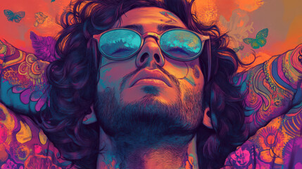 Fototapeta premium Vibrant artistic portrait of a man with sunglasses and tattoos, surrounded by colorful butterflies in a psychedelic atmosphere.
