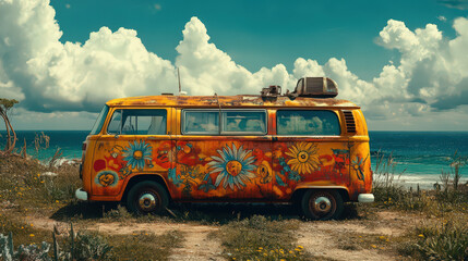 Vintage flower power van painted with colorful designs, parked by the beach under a blue sky with fluffy clouds. Perfect for retro or travel themes.