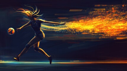 A female volleyball player with long blonde hair in mid-jump with a ball in her hand, streaks of light trail behind her.