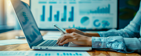 Woman with smartphone in her hand working on the laptop in office. Place of work. Close-up view.