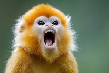 A golden snub-nosed monkey showing its teeth 