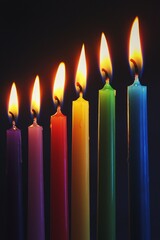 A row of tall, thin candles, each one a different color of the rainbow, burning in a dark room.