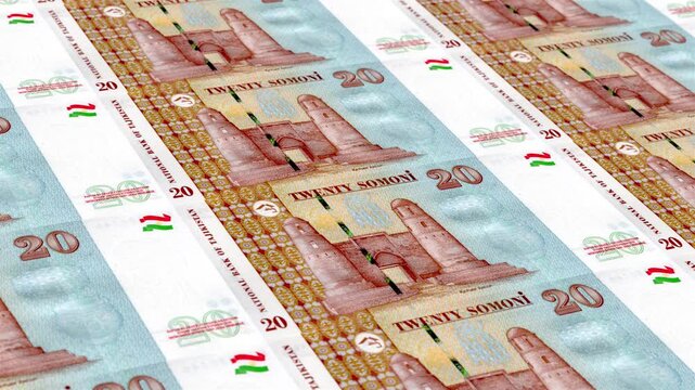 Tajikistan Tajikistani Somoni 20 Banknotes Money Printing House, Printing Twenty Tajikistani Somoni, Printing Press Machine Print out Tajikistani Somoni, Being printed by currency press machine