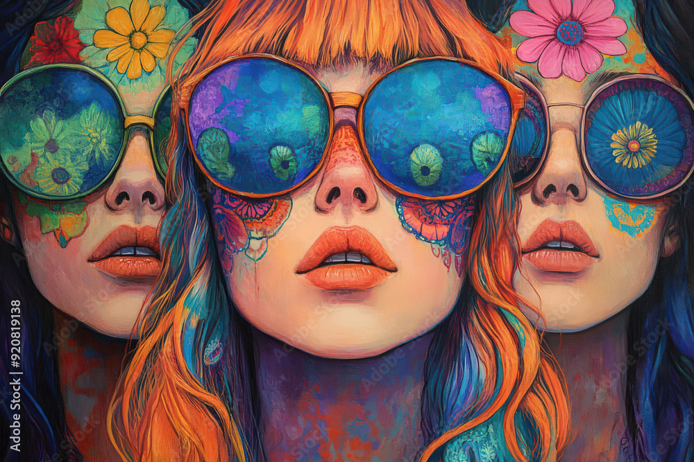 Wall mural colorful digital artwork of three women with floral face paint and reflective sunglasses, showcasing