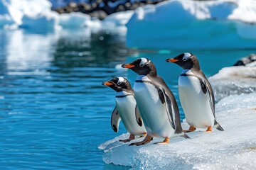Obraz premium Three gentoo penguins stand together on an ice floe by the clear blue waters in an Arctic landscape, showcasing the natural beauty of wildlife.