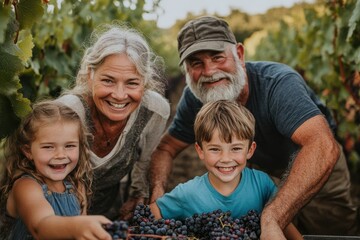 Fototapeta premium A joyful scene of grandparents with gray hair picking grapes in a vineyard with their cheerful grandchildren, enjoying a sunny day amidst rows of grapevines, creating sweet family moments.
