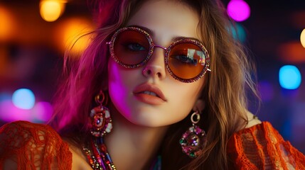 Fototapeta premium Glamorous Woman in Colorful Neon Lights Posing with Sunglasses and Jewelry