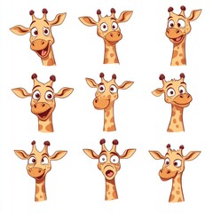 Naklejka premium Nine cartoon giraffe faces with different expressions.