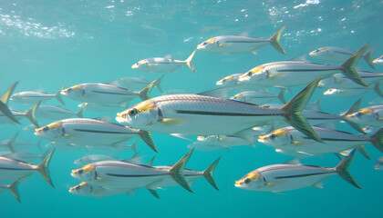 A school of bonefish swimming underwater in clear turquoise waters, close-up shot isolated with white highlights, png