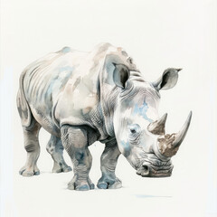 Obraz premium Minimalist Watercolor Painting of a Friendly Rhinoceros Majestic and Peaceful Wildlife Art