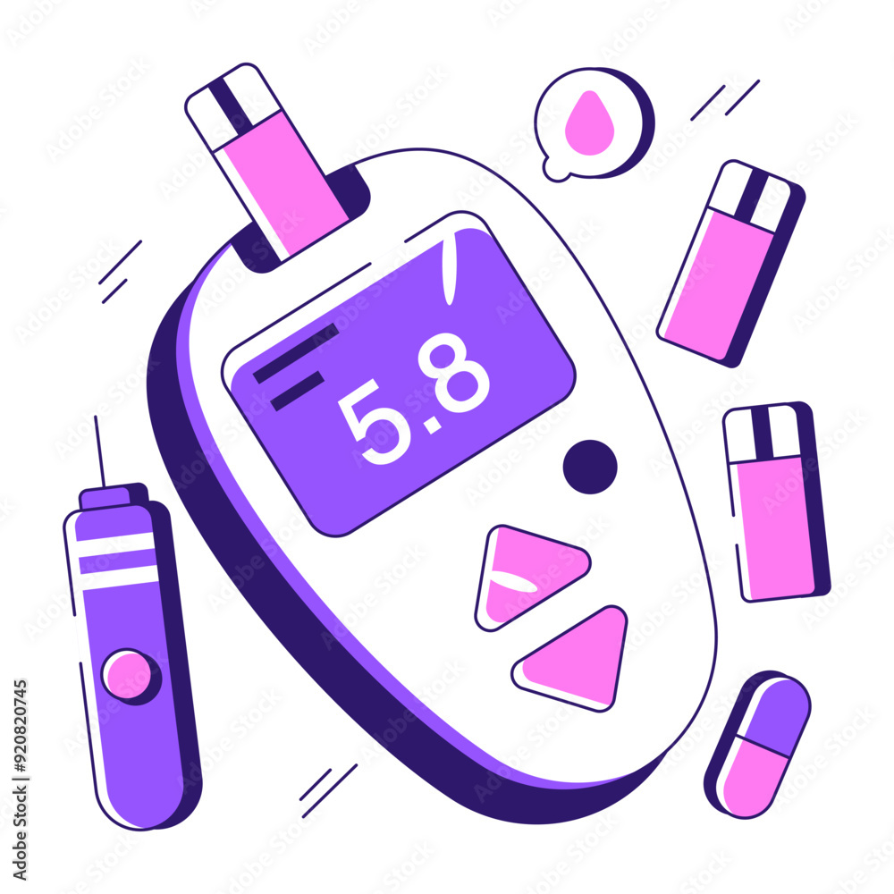 Sticker Sugar test machine illustration, flat design of glucometer

