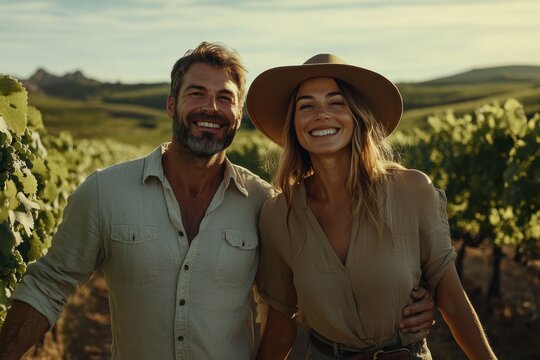 A cheerful couple is captured in a moment of joy in a vineyard, the woman wearing a hat and embracing the man, highlighting themes of love, nature, and happiness.