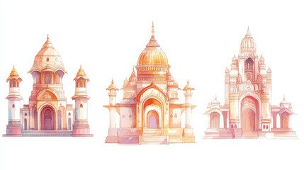 Fototapeta premium A collection of watercolor illustrations depicting ancient Indian temples and architectural elements, perfect for cultural, historical, and heritage-themed designs. 