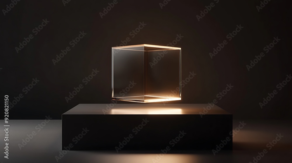 Aufkleber 3d rendering of a glass cube suspended above a sleek black base with soft lighting