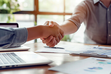 Close-up of a handshake between a banker and a client, symbolizing trust and partnership, with financial documents and a laptop on the table.