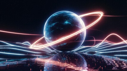 Obraz premium Abstract glowing planet rotating in a starry sky with reflective water flowing nearby Neon energy lines emit fog creating a digital futuristic atmosphere