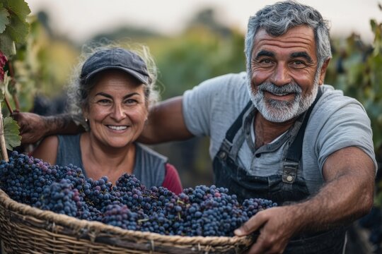 An elderly couple is joyfully enjoying the grape harvest in a vineyard. They are smiling and posing with a basket full of freshly harvested grapes, radiating happiness.