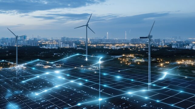 A solar panel farm and wind turbines illuminate under a sunset, highlighting technological advancements in green energy amidst a futuristic cityscape