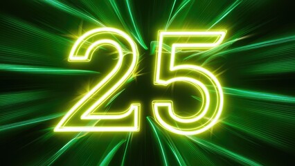 Bright Neon Number 25 Sign with Glowing Effect on Vibrant Green Background