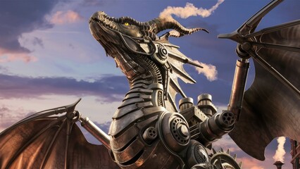 Mechanical dragon gazing upward 3D illustration