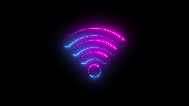 neon animation of wifi sign on black background, fast moving blue and pink rays to both sides. glowing lines, 4K animated seamless loop template