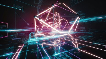 Obraz premium 3D Render of an Abstract Neon Background with Glowing Geometric Structures in Ultraviolet Light Featuring a Digital Grid in Virtual Space and Futuristic Computing Elements
