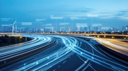 A vibrant energy signature displays on digital charts with holographic graphs, while wind turbines stand tall against a blue sunset sky, symbolizing hope for renewable energy