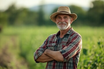 Fototapeta premium Farmer Arms Crossed. Portrait of a Farmer in a Field on a Sunny Day